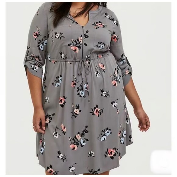 Torrid‎ Gray Floral Print Drawstring Waist Casual Midi Dress - Picture 1 of 10